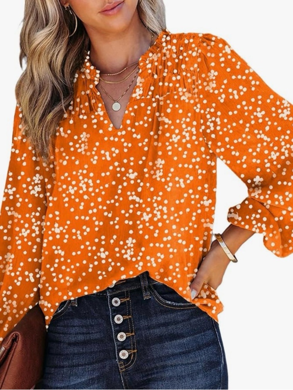 Women's Orange V-Neck Smocked Polka Dot Blouse